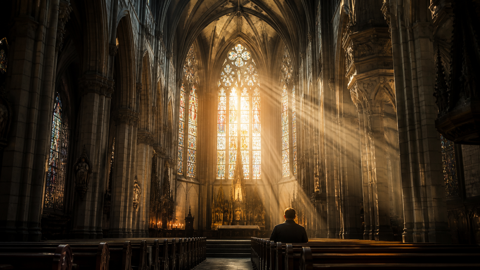 Interior de catedral gótica iluminado por vitrais